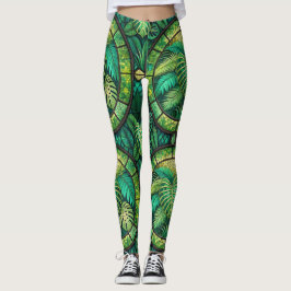 Leggings med ett livfullt grönt tropiskt blad 