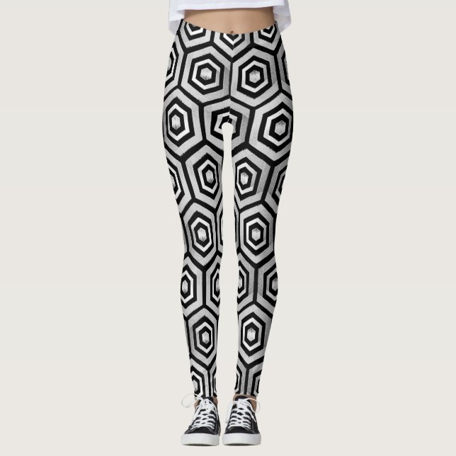 Leggings Svart Vit Hexagon Geometriskt Mönster (Framsida)
