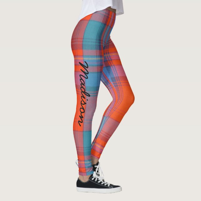 Leggings Tartan Ditt namn Red Blue S to XL (Höger)