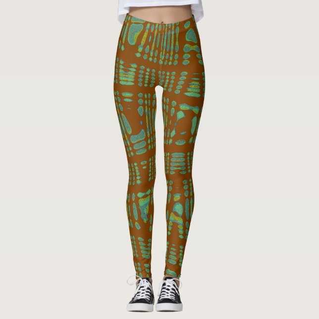 Leggings Tribal Mönster Yoga Byxor Brun Grön (Framsida)