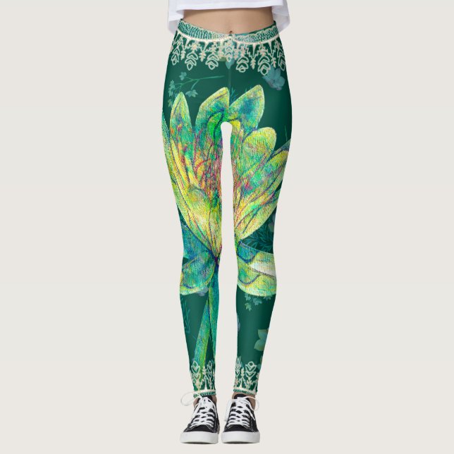 Leggings, Vild Hunter Grönt Vatten Lily Leggings (Framsida)