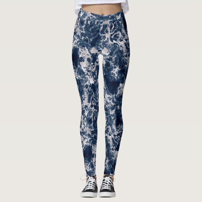 Leggings Women - Blue and Silver Marble Pattern (Framsida)