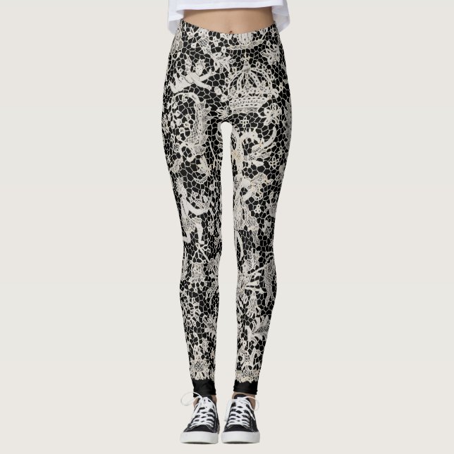 LEGGLINGAR ANTIKT SPETSMÖNSTER SVART LEGGINGS (Framsida)