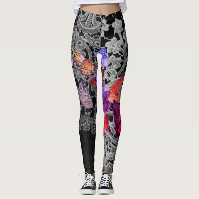 LEGGLINGS ANTIK SPETS MÖNSTER MED FJÄRILAR LEGGINGS (Framsida)