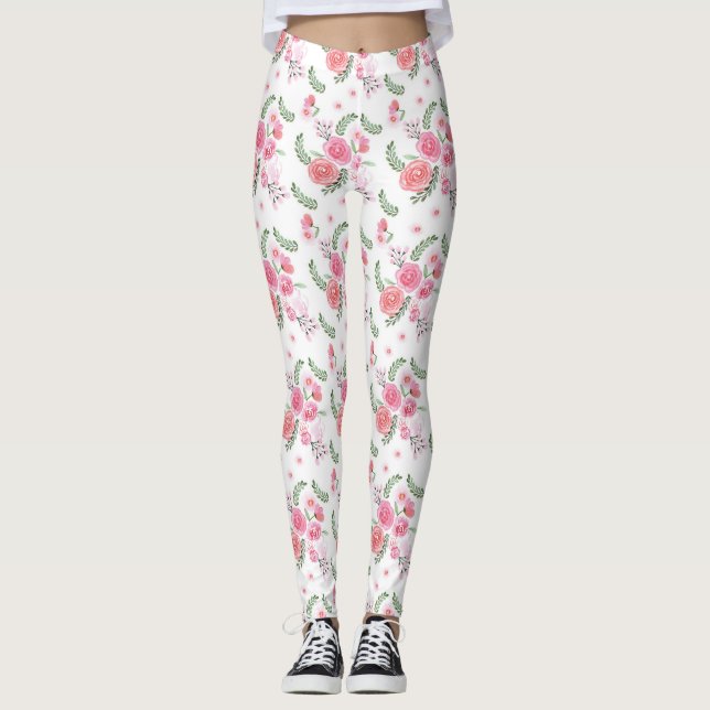 Legning av vattenfärgad Rosa Blommigt  Leggings (Framsida)