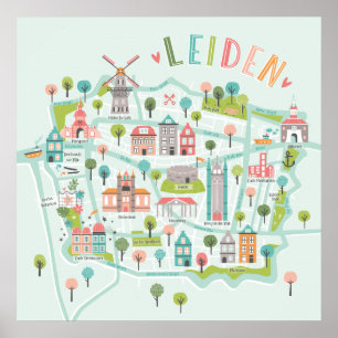Leiden City Illustrated Karta på myntbakgrunden Poster