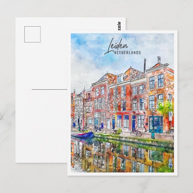 Leiden Nederländerna Resa Plats Vattenfärg Vykort (Fram/baksida)