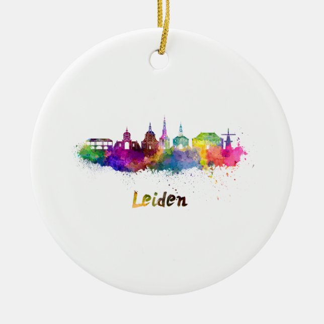 Leiden skyline i vattenfärg julgransprydnad keramik (Framsidan)