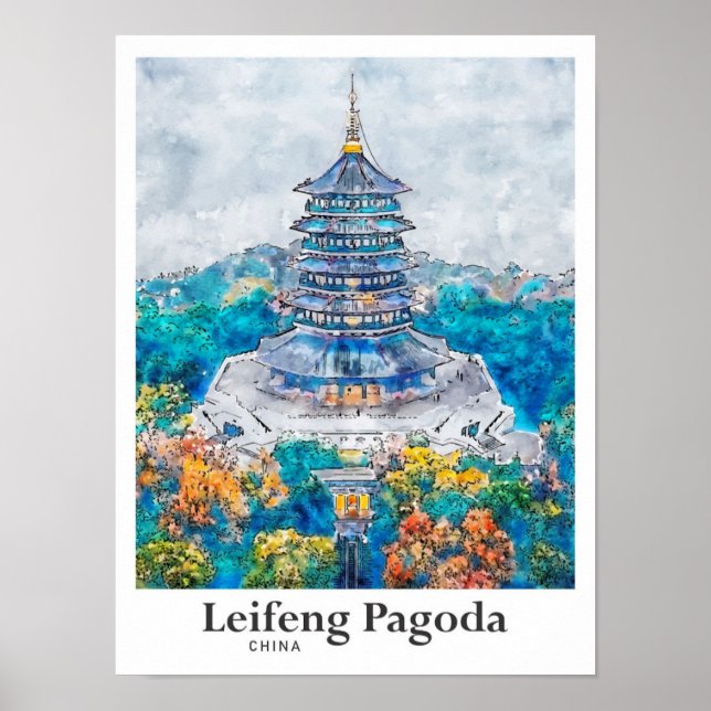 Leifeng Pagoda China Travel Watercolor Hand plocka Poster (Framsidan)