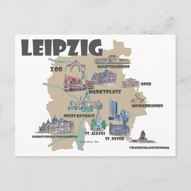 Leipzig Tyskland - Retro karta med attraktioner  Vykort (Framsida)