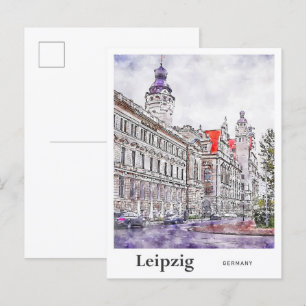Leipzig Tyskland Travel Watercolor Hand plockade Vykort