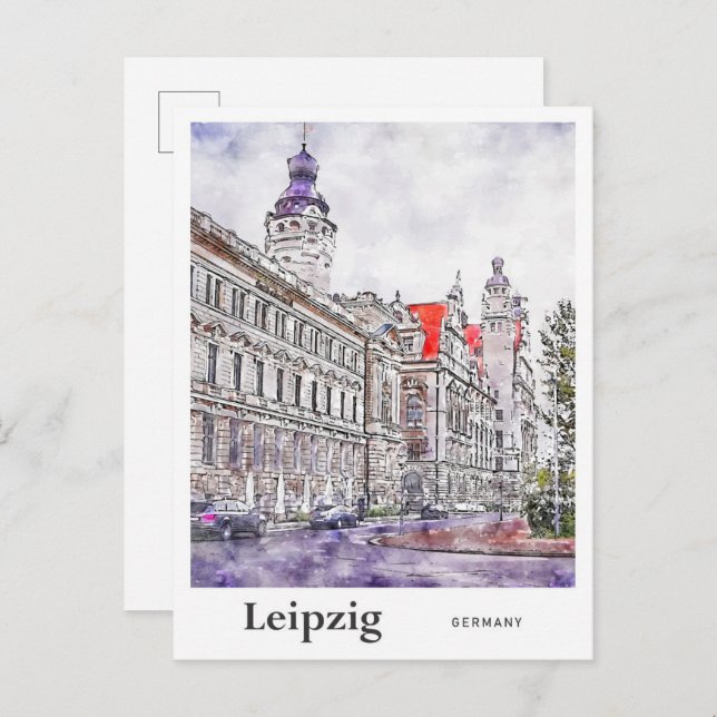 Leipzig Tyskland Travel Watercolor Hand plockade Vykort (Fram/baksida)