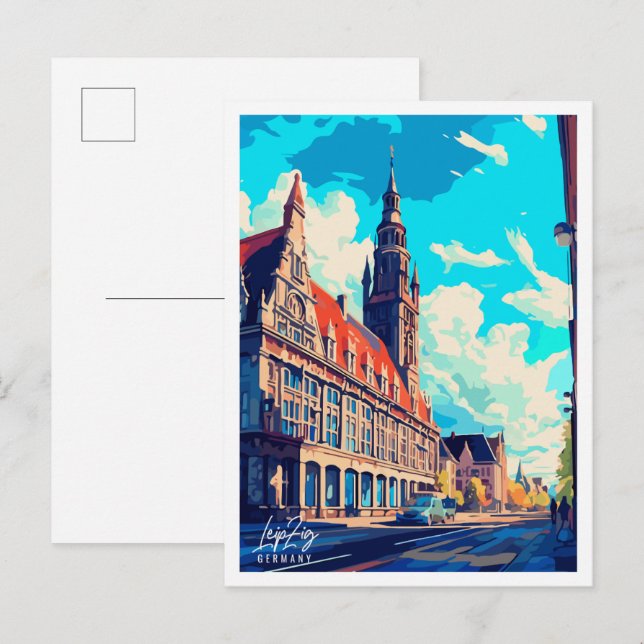 Leipzig Tyskland vintage resillustration Vykort (Fram/baksida)