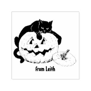 LEITH ~ HALLOWEEN ~ Vintage Cat Pumpkin teckning ~ Självfärgande Stämpel