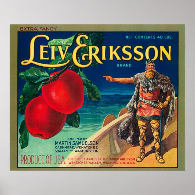 Leiv Eriksson Apple-etikett - Cashmere, WA Poster (Framsidan)