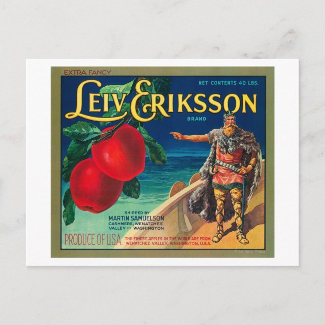 Leiv Eriksson Apple-etikett - Cashmere, WA Vykort (Framsida)