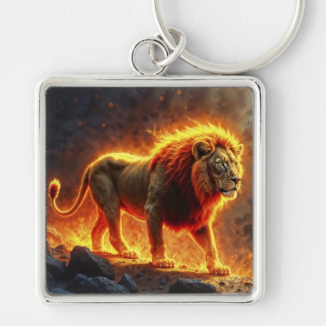 Lejon av flammor som brinner i vulkanen. fyrkantig silverfärgad nyckelring (Framsidan)