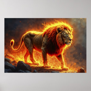 Lejon av flammor som brinner i vulkanen. poster