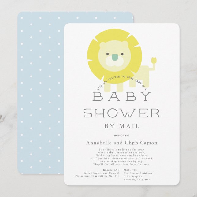 Lejon Baby Blue Pojke Baby Shower via Posten Inbjudningar (Fram/baksida)