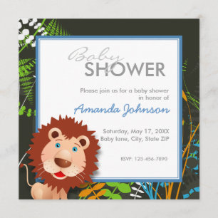 Lejon baby shower för beställnings- djungel inbjudningar