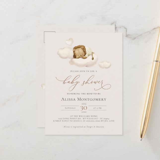 Lejon Baby Shower Vykort (Fram/Back In Situ)