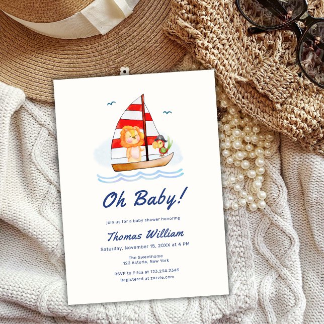 Lejon babystötare för  segelbåtar för  nautisk Vil Inbjudningar (Whimsical Nautical Wild Lion Sailboat Baby Shower Invitation)