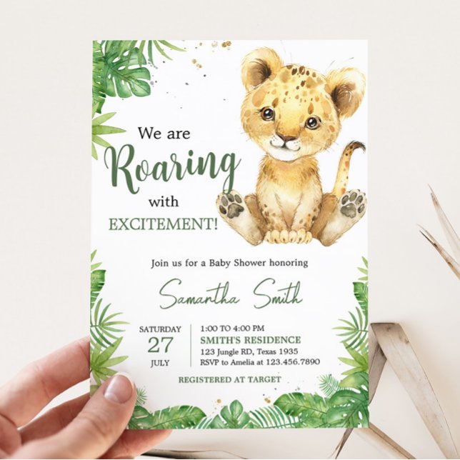 Lejon babystövel inbjudningar (Roaring with Excitement Lion Baby Shower Invitation)