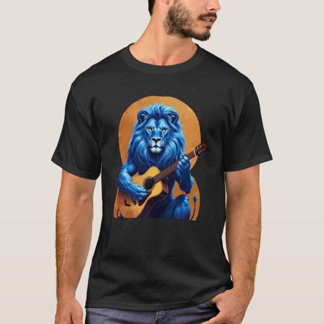 Lejon Blått Lejon Spelar Gitarr T Shirt (Framsida)
