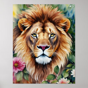 Lejon Blommigt Vattenfärgning Porträtt Art Poster