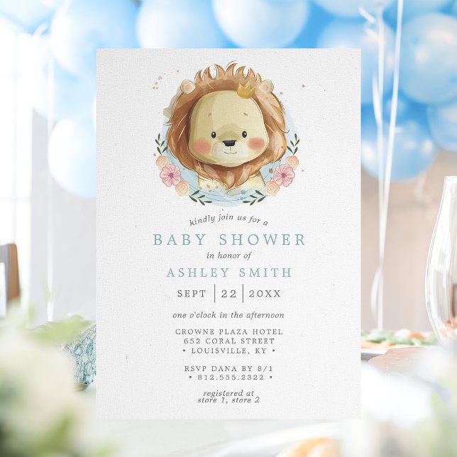 Lejon Blue Blommigt Baby Shower Inbjudningar (Skapare uppladdad)