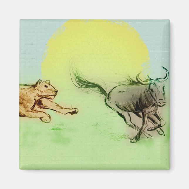Lejon Chasing Buffalo i Vilden Square Magnet (Framsidan)
