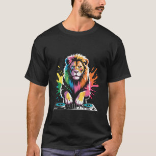 Lejon DJ på Turntables EDM Synthesizer Rave Musik T Shirt