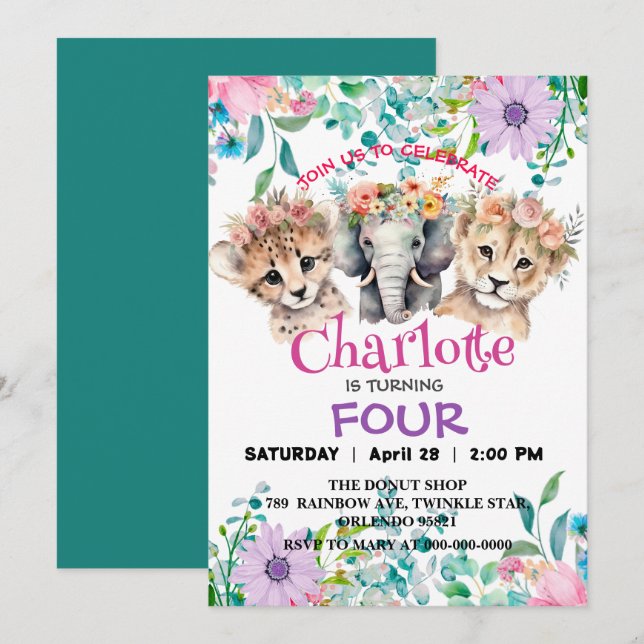 Lejon djungel i Cute cheetah Animals Birthday Blom Inbjudningar (Fram/baksida)