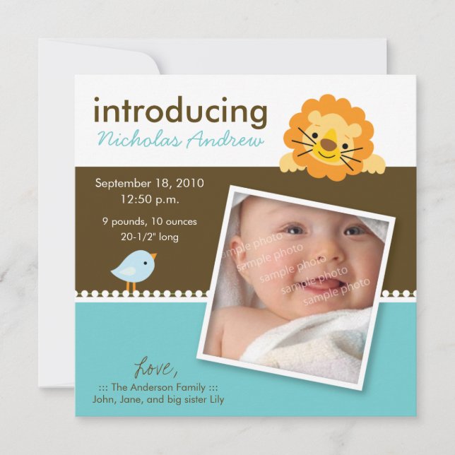 Lejon & Fågel Designer-Födelseannons (blå) Meddelande (Framsida)