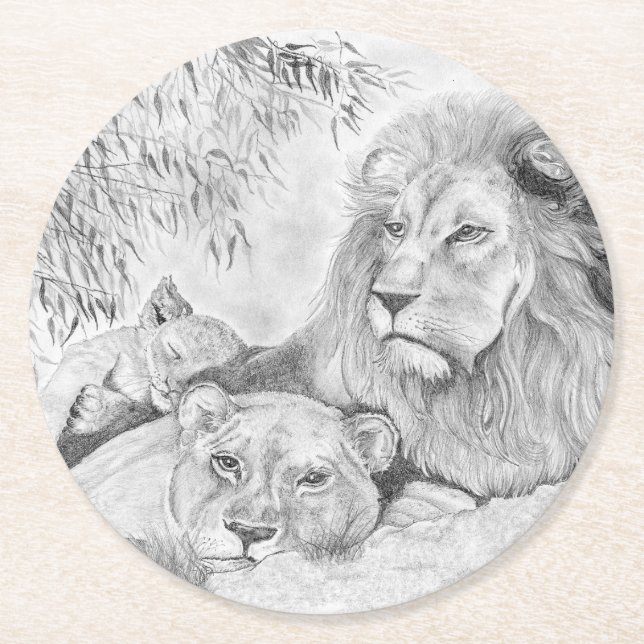 Lejon familj underlägg papper rund (Framsidan)