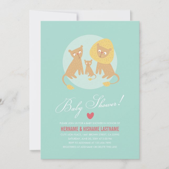 Lejon Family Mint Par Baby Shower Inbjudan Round (Framsida)