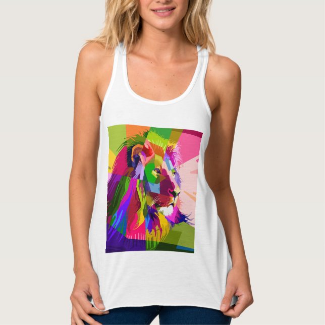 Lejon Färgglatt Prismatiskt Pop Art Design Linne Med Racerback (Framsida)