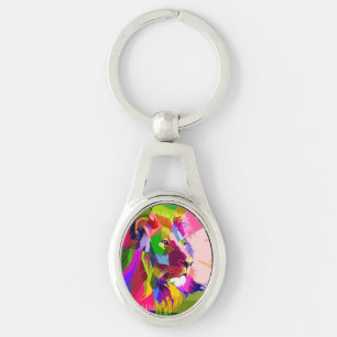 Lejon Färgglatt Prismatiskt Pop Art Design Ovalt Silverfärgad Nyckelring