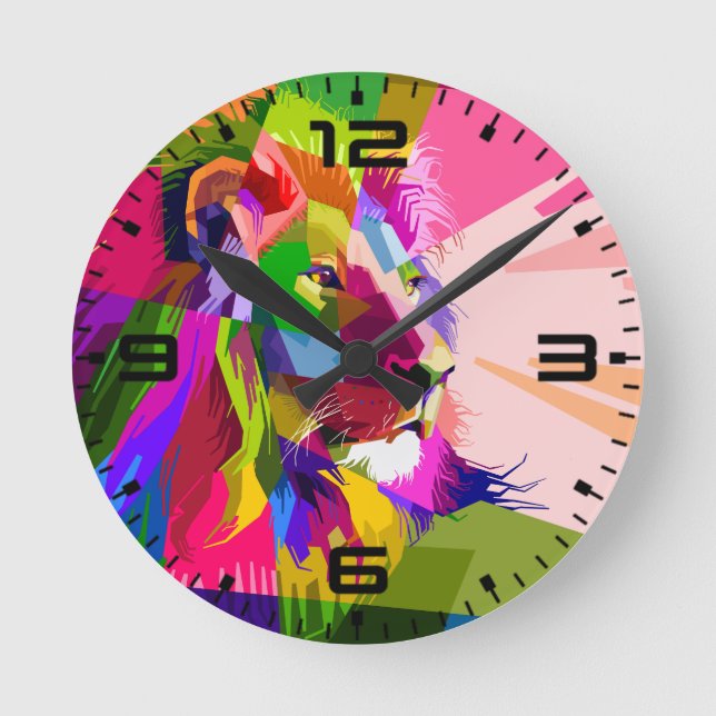 Lejon Färgglatt Prismatiskt Pop Art Design Rund Klocka (Framsida)
