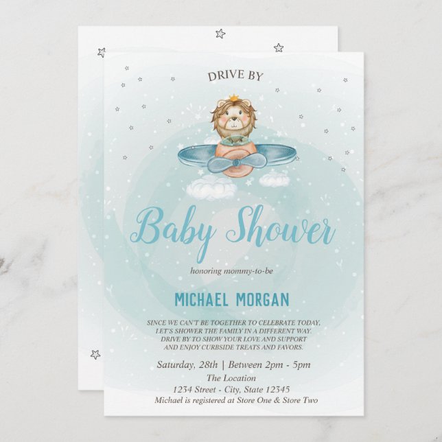 Lejon flygplansflygning efter babystöld inbjudningar (Fram/baksida)