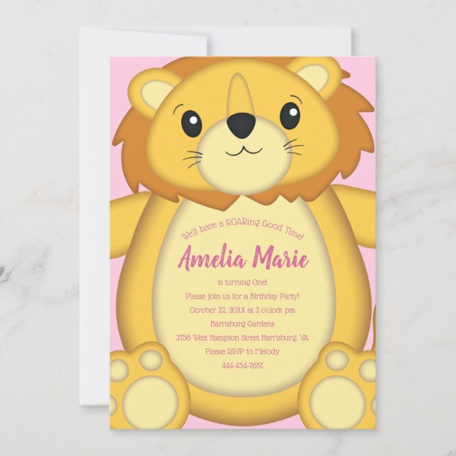 Lejon Födelsedagsfest Rosa Inbjudningar (Framsida)