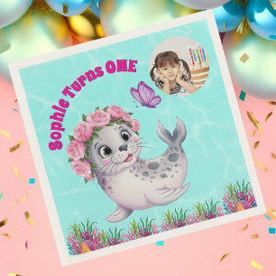 Lejon fotofödelsedag för Cute Whimsical Blommigt S Pappersservett