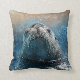 Lejon fotografi av vattenfärg för Cute Seal Sea Kudde