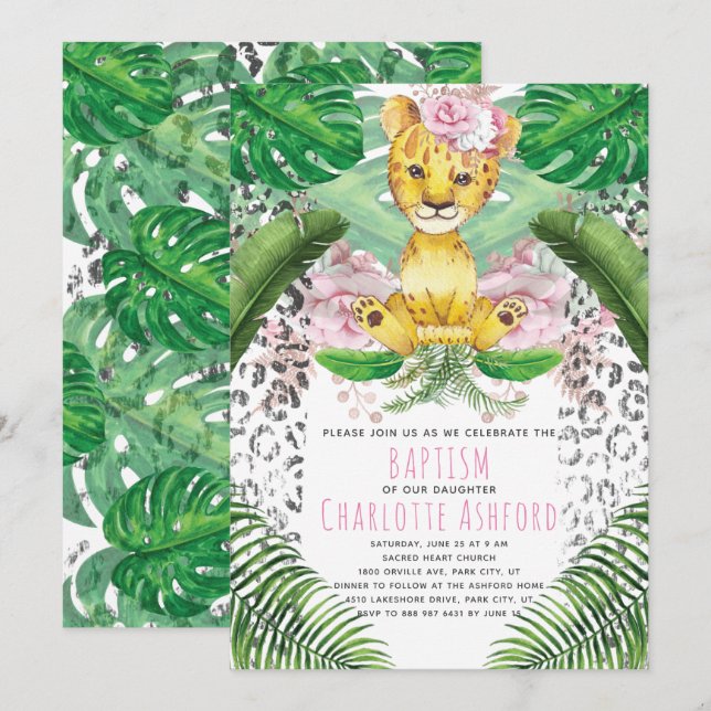 Lejon Girl Illustration Safari Baptism Inbjudningar (Fram/baksida)