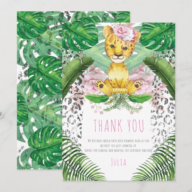 Lejon Girl Illustration Safari Birthday I Baptism Tack Kort (Fram/baksida)