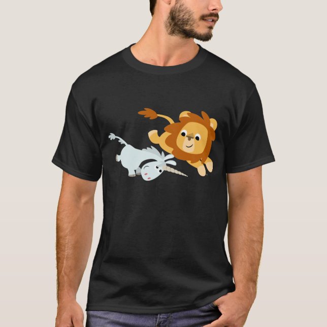 Lejon gullig tecknad och UnicornT-tröja T-shirt (Framsida)