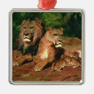Lejon hemma (med Lioness och Lejona Unge) Julgransprydnad Metall