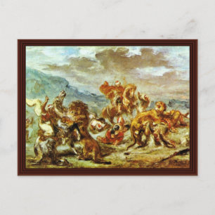 Lejon Hunt av Eugène Ferdinand Victor Delacroix Vykort