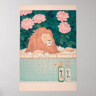 Lejon i badkar konsttryck Japandi Ukiyo-e Badrum Poster