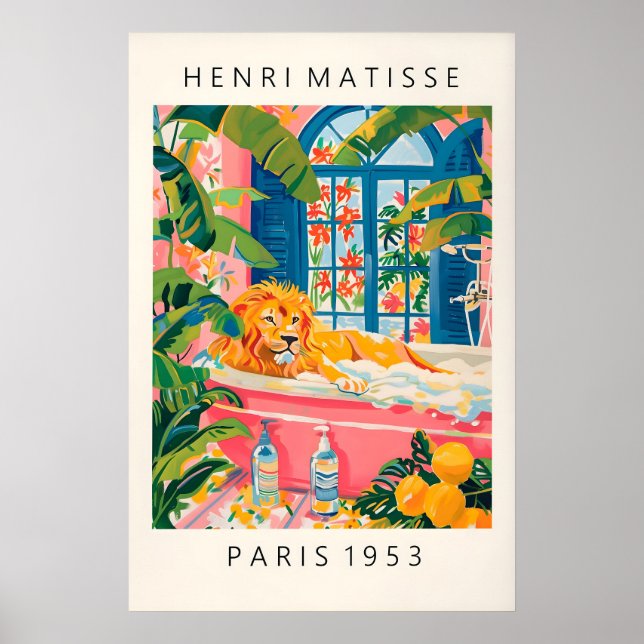 Lejon i badkar konsttryck Matisse stil rosa Poster (Framsidan)